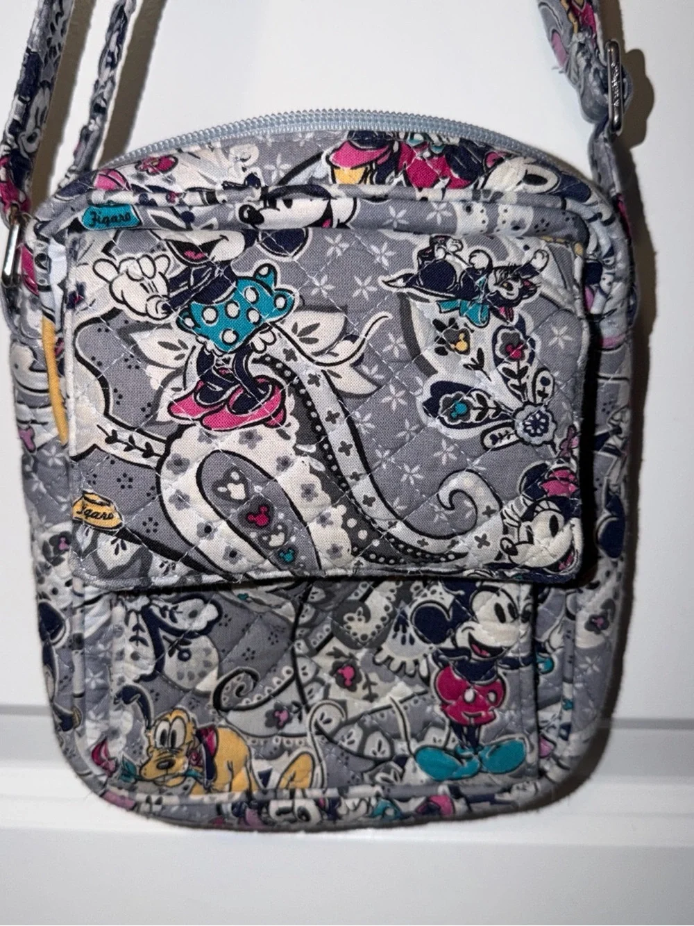 Vera Bradley Gray Minnie & Mickey Quilted Crossbody with Teal and Pink Accents